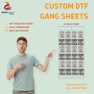 May include: A sheet of custom DTF transfer designs featuring a spooky season theme with a cartoon skull and the text "Spooky Season" and "Hawk Hawk Hawk Hawk Tuah Tuah Tuah Tuah". The sheet is 22 inches wide and printed in full color.