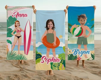 Custom Face Photo Beach Towel, Family Matching Pool Party Towel, Kids Name Summer Gift