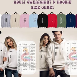 Pu&ograve; includere: Tabella delle taglie per felpe e felpe con cappuccio per adulti. La tabella mostra le misure di larghezza e lunghezza in pollici per le taglie S, M, L, XL, 2XL, 3XL, 4XL e 5XL.