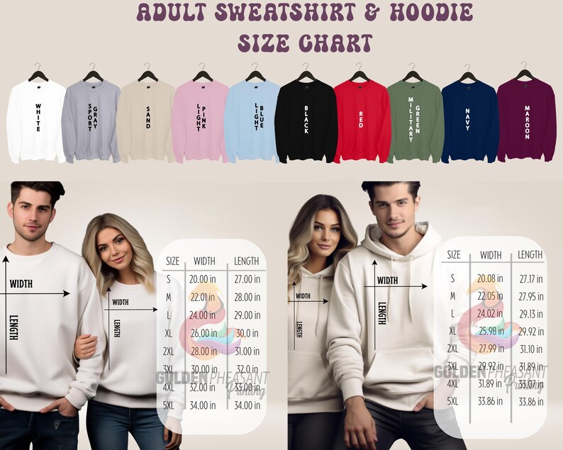 Pu&ograve; includere: Tabella delle taglie per felpe e felpe con cappuccio per adulti. La tabella mostra le misure di larghezza e lunghezza in pollici per le taglie S, M, L, XL, 2XL, 3XL, 4XL e 5XL.