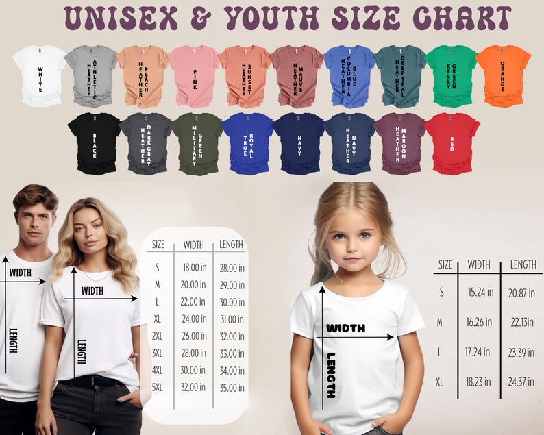 Pu&ograve; includere: Tabella delle taglie unisex e per ragazzi per t-shirt. La tabella mostra le misure di larghezza e lunghezza in pollici per le taglie S, M, L, XL, 2XL, 3XL, 4XL e 5XL.