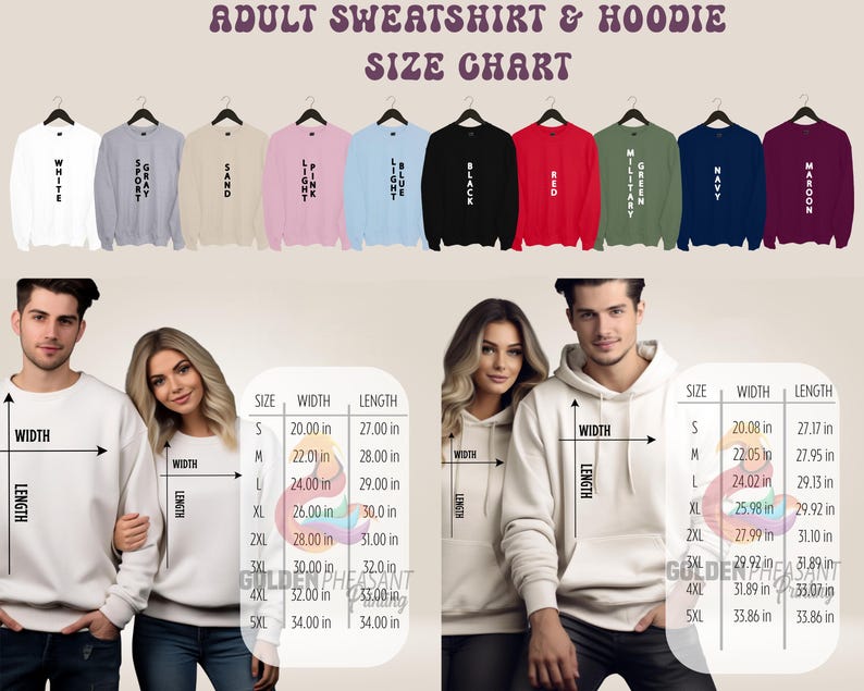 May include: Size chart for adult sweatshirts and hoodies. The chart shows the width and length measurements in inches for sizes S through 5XL. The chart is displayed against a white background with images of sweatshirts and hoodies in various colours.