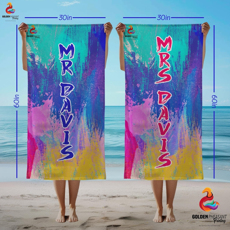 May include: Two 60-inch by 30-inch beach towels with colorful abstract designs. One towel reads "MR DAVIS" in blue, the other reads "MRS DAVIS" in red. The towels have a vibrant mix of colors including blue, pink, yellow, and teal.