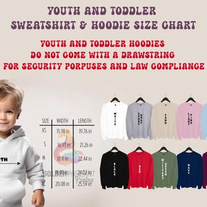 May include: Size chart for youth and toddler hoodies. The chart shows sizes XS to XL with corresponding width and length measurements in inches. The chart also shows different colour options for the hoodies, including white, grey, sand, light pink, light blue, black, red, military green, navy, and maroon.