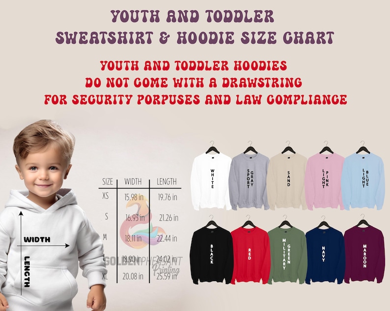 May include: Size chart for youth and toddler hoodies. The chart shows sizes XS to XL with corresponding width and length measurements in inches. The chart also shows different colour options for the hoodies, including white, grey, sand, light pink, light blue, black, red, military green, navy, and maroon.