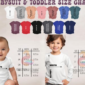 Pu&ograve; includere: Tabella delle taglie per body per neonati e magliette per bambini piccoli. La tabella mostra le misure di larghezza e lunghezza in pollici per le taglie NB, 6M, 12M, 18M, 24M, 2T, 3T, 4T e 5-6T.