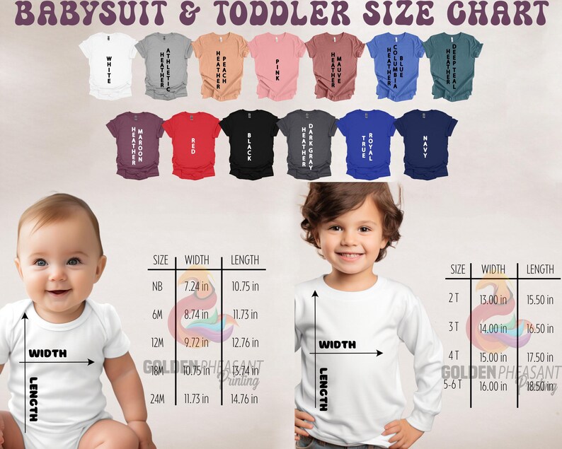 Pu&ograve; includere: Tabella delle taglie per body per neonati e magliette per bambini piccoli. La tabella mostra le misure di larghezza e lunghezza in pollici per le taglie NB, 6M, 12M, 18M, 24M, 2T, 3T, 4T e 5-6T.