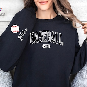 Custom Baseball Mom Crewneck with Name On A Sleeve Sweatshirt, Personalized Baseball Sweatshirt, Gift for Mom, Baseball Mom Hoodie, Game Day