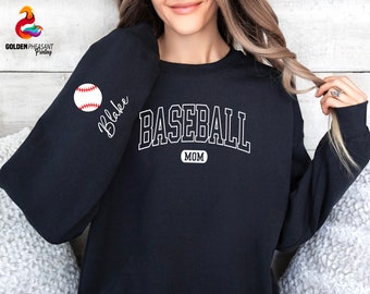 Custom Baseball Mom Crewneck with Name On A Sleeve Sweatshirt, Personalized Baseball Sweatshirt, Gift for Mom, Baseball Mom Hoodie, Game Day