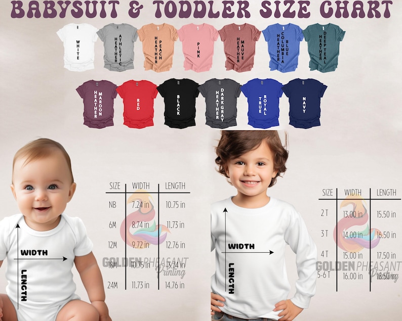 May include: Size chart for baby onesies and toddler t-shirts. The chart shows the width and length measurements in inches for sizes NB, 6M, 12M, 18M, 24M, 2T, 3T, 4T, and 5-6T.