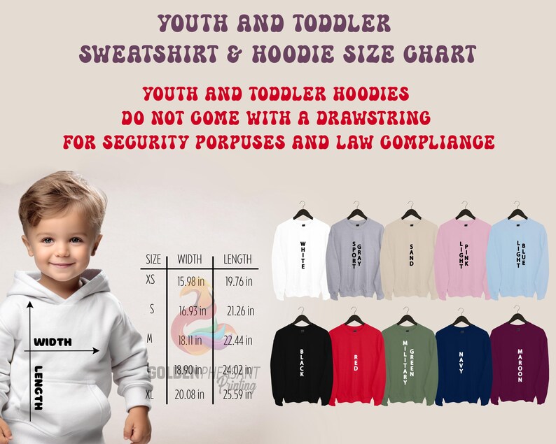 Pu&ograve; includere: Tabella delle taglie per felpe con cappuccio per bambini e neonati. La tabella mostra le taglie XS a XL con le misure di larghezza e lunghezza corrispondenti in pollici. La tabella mostra anche diverse opzioni di colore per le felpe con cappuccio, tra cui bianco, grigio, sabbia, rosa chiaro, blu chiaro, nero, rosso, verde militare, blu navy e bordeaux.