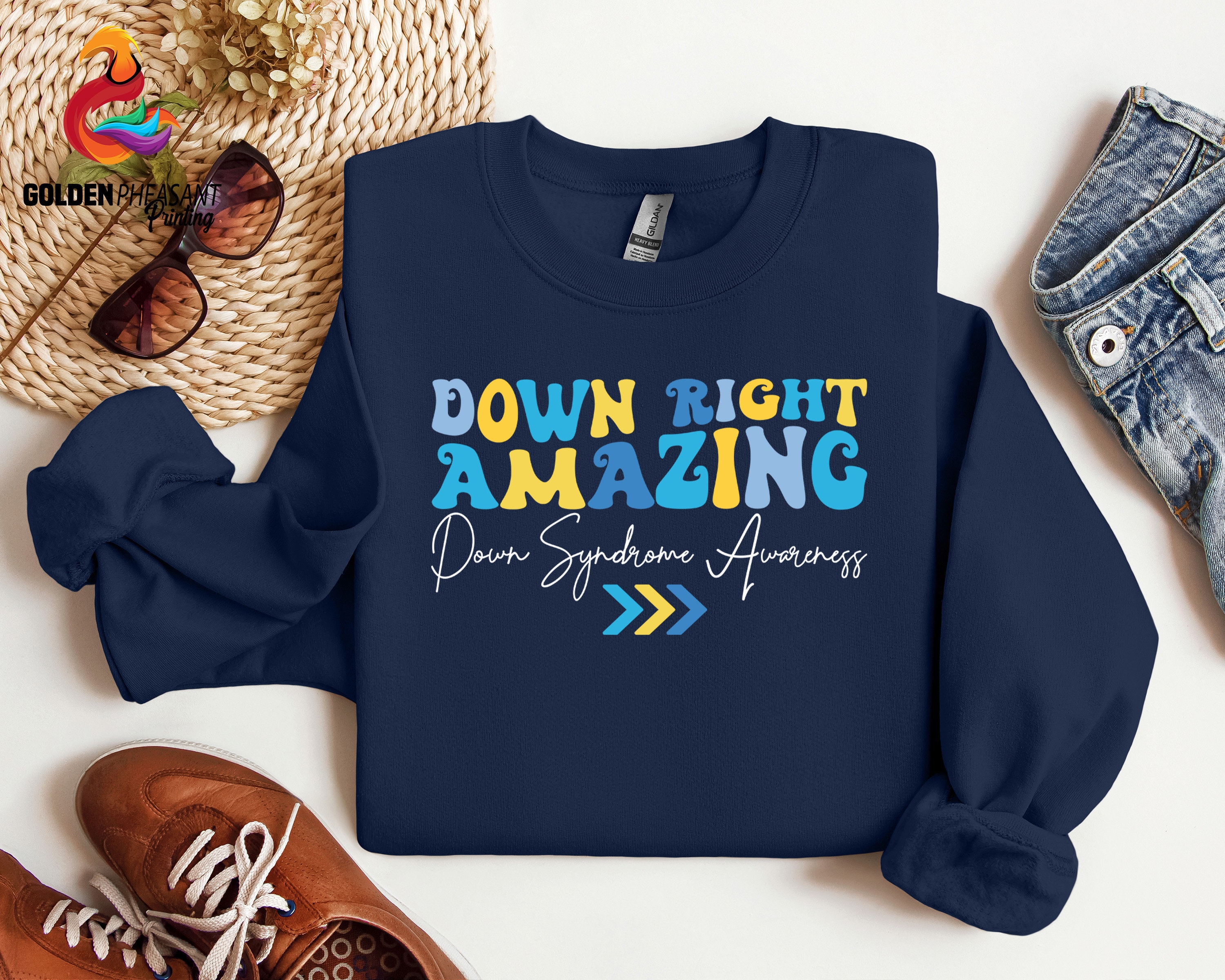 Down Syndrome Awareness Shirt For Women - Down Right Amazing T-Shirt With Yellow Blue Ribbon, Gray, Large
