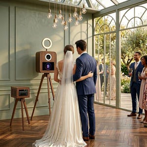 May include: A wedding photo booth with a wooden exterior and a ring light. A couple stands in front of the booth, while guests are visible in the background. The booth is set up on a wooden tripod. A small wooden box is on a separate tripod.