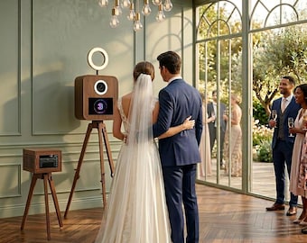 Wooden Photo Booth with Touchscreen and Mini PC, Standalone DSLR Booth with Tripod