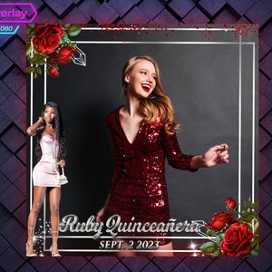 Red Elegant 360 Photo Booth Overlay. Birthday 360 Booth Template. 360 Overlay for Parties. Red Rose 360 Overlay. Silver Frame and Sparkle
