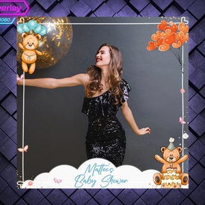 Cute 360 Photo Booth Overlay for Baby Shower. Wedding 360 Booth Template. 360 Overlay for Birthday Party. Overlay with Bear and Balloons.