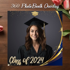 Graduation 360 Photo Booth Overlay with golden sparkle. Blue Frame Graduation Party 360 Booth Template. 360 Overlay for Commencement Party