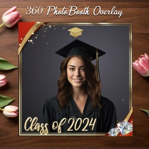 Graduation 360 Photo Booth Overlay with golden sparkle. Red Frame Graduation Party 360 Booth Template. 360 Overlay for Commencement Party