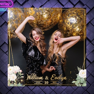 White Flowers and Golden Frame 360 Photo Booth Overlay. Wedding 360 Booth Template. 360 Overlay for Birthday Party.