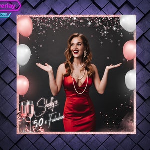 Pink 360 Photo Booth Overlay. Wedding 360 Booth Template with Balloons. 360 Overlay with Champagne Glasses, Confetti and White Sparkles
