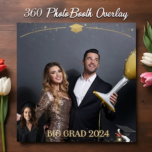 Graduation 360 Photo Booth Overlay with golden sparkle. Golden Frame Graduation Party 360 Booth Template. 360 Overlay for Commencement Party