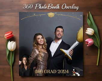 Graduation 360 Photo Booth Overlay with golden sparkle. Golden Frame Graduation Party 360 Booth Template. 360 Overlay for Commencement Party