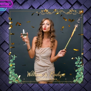 Eucalipt 360 Photo Booth Overlay. Wedding 360 Booth Template with Golden Sparkle. 360 Overlay with Golden Frame anf Green Leafs.