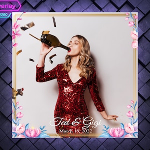 Golden Frame 360 Photo Booth Overlay. Wedding 360 Booth Template. 360 Overlay with Pink and Red Flowers with Blue Leaves, and Golden Text