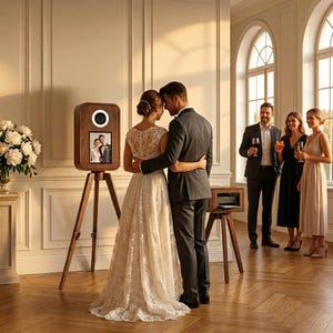 May include: A wooden photo booth on a tripod stand with a couple embracing in front of it. The booth has a camera lens and a screen displaying a photo. Guests are in the background, some holding drinks. The setting is a wedding.