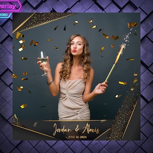 Gold and Black 360 Photo Booth Overlay. Wedding 360 Booth Template. 360 Overlay for Birthday Party. Gold 360 Overlay with White Flowers.