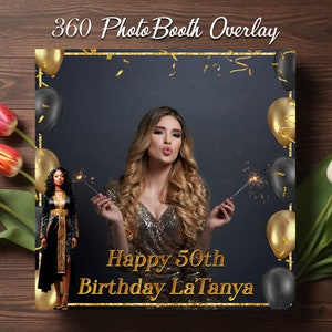 360 Photo Booth Overlay with gold and black balloons, confetti and golden frame. Wedding 360 Booth Template. 360 Overlay for Birthday Party