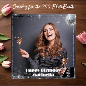 360 PhotoBooth Overlay with a sparkling gray frame and disco ball. Wedding 360 Booth Template. 360 Overlay for Birthday Party. Glitter frame