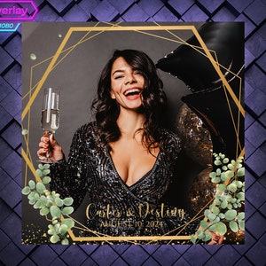 Golden Frame 360 Photo Booth Overlay. Wedding 360 Booth Template. 360 Overlay with Eucalypt Leaves, golden Sparkle, and Golden Frame