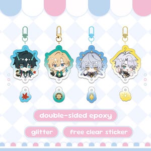 May include: Four double-sided epoxy keychains featuring anime-style characters with various hair colors and outfits. Each keychain has a different colored clasp. The image also includes the text "double-sided epoxy", "glitter", and "free clear sticker".