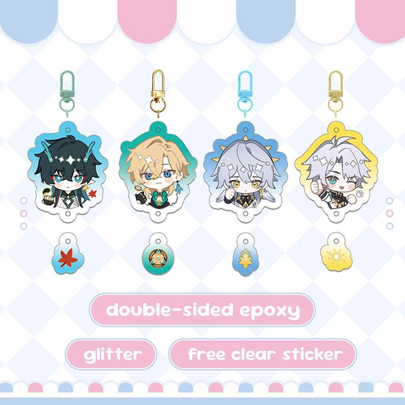 May include: Four double-sided epoxy keychains featuring anime-style characters with various hair colors and outfits. Each keychain has a different colored clasp. The image also includes the text "double-sided epoxy", "glitter", and "free clear sticker".