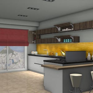 K&ouml;nnte beinhalten: Eine moderne K&uuml;che mit wei&szlig;en Schr&auml;nken, einer gelben R&uuml;ckwand und einer Fr&uuml;hst&uuml;ckstheke mit zwei Hockern. Die K&uuml;che hat ein Fenster mit Blick auf eine Stadt.