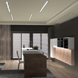 K&ouml;nnte beinhalten: Ein modernes Wohnzimmer mit einer dunkelgrauen Wand, einem gro&szlig;en Flachbildfernseher, einem Schrank aus Holz und einer K&uuml;che mit wei&szlig;en Schr&auml;nken und einer Arbeitsplatte aus Holz. An der Wand h&auml;ngen zwei abstrakte Bilder mit jeweils einem Frauenkopf.