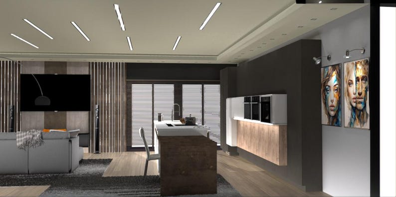 K&ouml;nnte beinhalten: Ein modernes Wohnzimmer mit einer dunkelgrauen Wand, einem gro&szlig;en Flachbildfernseher, einem Schrank aus Holz und einer K&uuml;che mit wei&szlig;en Schr&auml;nken und einer Arbeitsplatte aus Holz. An der Wand h&auml;ngen zwei abstrakte Bilder mit jeweils einem Frauenkopf.