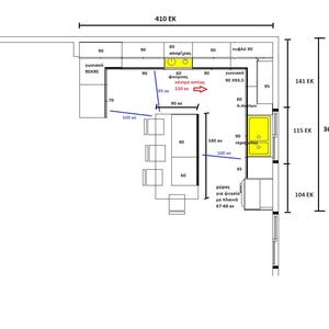 K&ouml;nnte beinhalten: Ein handgezeichneter Grundriss einer K&uuml;che mit Ma&szlig;en in Zentimetern. Der Plan beinhaltet eine Sp&uuml;le, einen Backofen, einen K&uuml;hlschrank und einen Essbereich mit vier St&uuml;hlen. Der Plan enth&auml;lt auch Text in Griechisch.