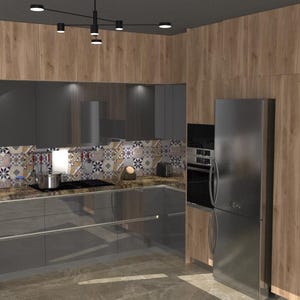 K&ouml;nnte beinhalten: Eine moderne K&uuml;che mit grauen Schr&auml;nken, Holzverkleidung und Edelstahlger&auml;ten. Die K&uuml;che verf&uuml;gt &uuml;ber eine Fliesenr&uuml;ckwand mit einem farbenfrohen geometrischen Muster.