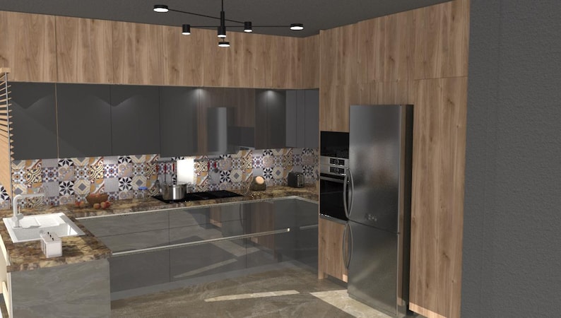 K&ouml;nnte beinhalten: Eine moderne K&uuml;che mit grauen Schr&auml;nken, Holzverkleidung und Edelstahlger&auml;ten. Die K&uuml;che verf&uuml;gt &uuml;ber eine Fliesenr&uuml;ckwand mit einem farbenfrohen geometrischen Muster.