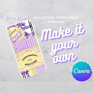 Puede incluir: Una plantilla de invitación digital para una fiesta de cumpleaños. La plantilla presenta un fondo a cuadros amarillo y blanco con flores moradas y el texto "Feliz cumpleaños Sarah" en una fuente morada y blanca. El texto "Hazlo tuyo" está en una fuente morada y se superpone a la plantilla. El texto "Editar, descargar y compartir Canva" está en una fuente morada y está en un círculo con un degradado de morado, azul y verde.