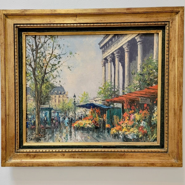 Vintage original oil painting, "Marche aux fleurs de la Madeleine" by French impressionist Saulin