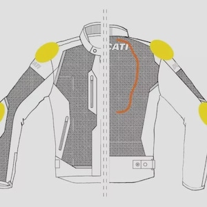 May include: A motorcycle jacket illustration in white, gray, and black, featuring yellow protective pads at the shoulders and elbows. The jacket has a zipper and the word "CATI" is visible on the back.