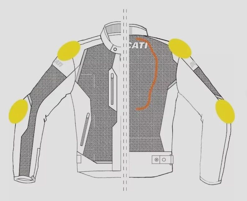 May include: A motorcycle jacket illustration in white, gray, and black, featuring yellow protective pads at the shoulders and elbows. The jacket has a zipper and the word "CATI" is visible on the back.