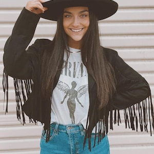 Black Suede Fringe Jacket – Women’s Western Cowgirl Leather Coat – Boho Festival Rodeo Outfit – Handmade Vintage Style