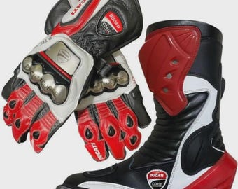 Ducati Corse C6 Leather Racing Boots & Gloves Set – Red White Cowhide Motorcycle Gear