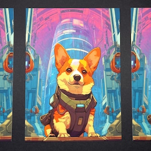A5, A4, Postkarte / Cosmic Corgi N#11 / Hund im Weltraum Kunstdruck, bunte Tierillustration, Sci-Fi Charakter
