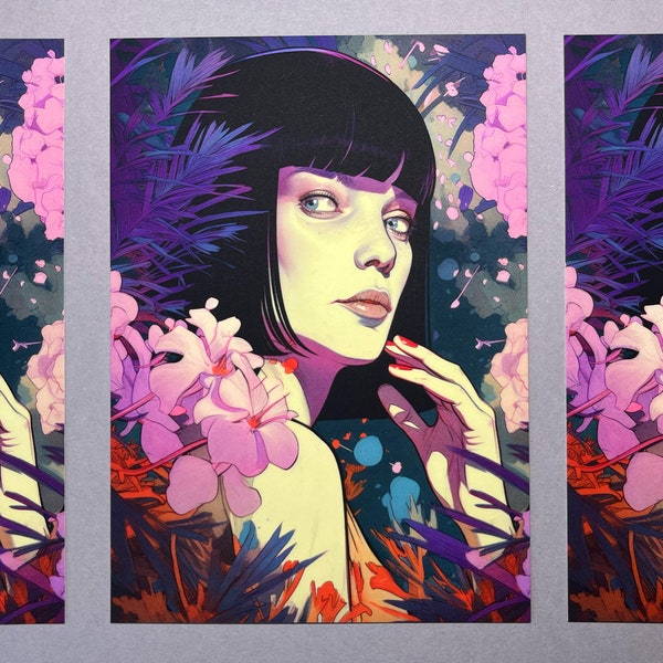 A4 oder Postkarte / Flower Queen N#4 / Frau mit Blumen, Kunstdruck, Portrait Illustration