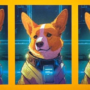 A4 oder Postkarte / Cosmic Corgi N#1 / Cyberpunk Kunstdruck, bunte Tierillustration, Sci-Fi Charakter